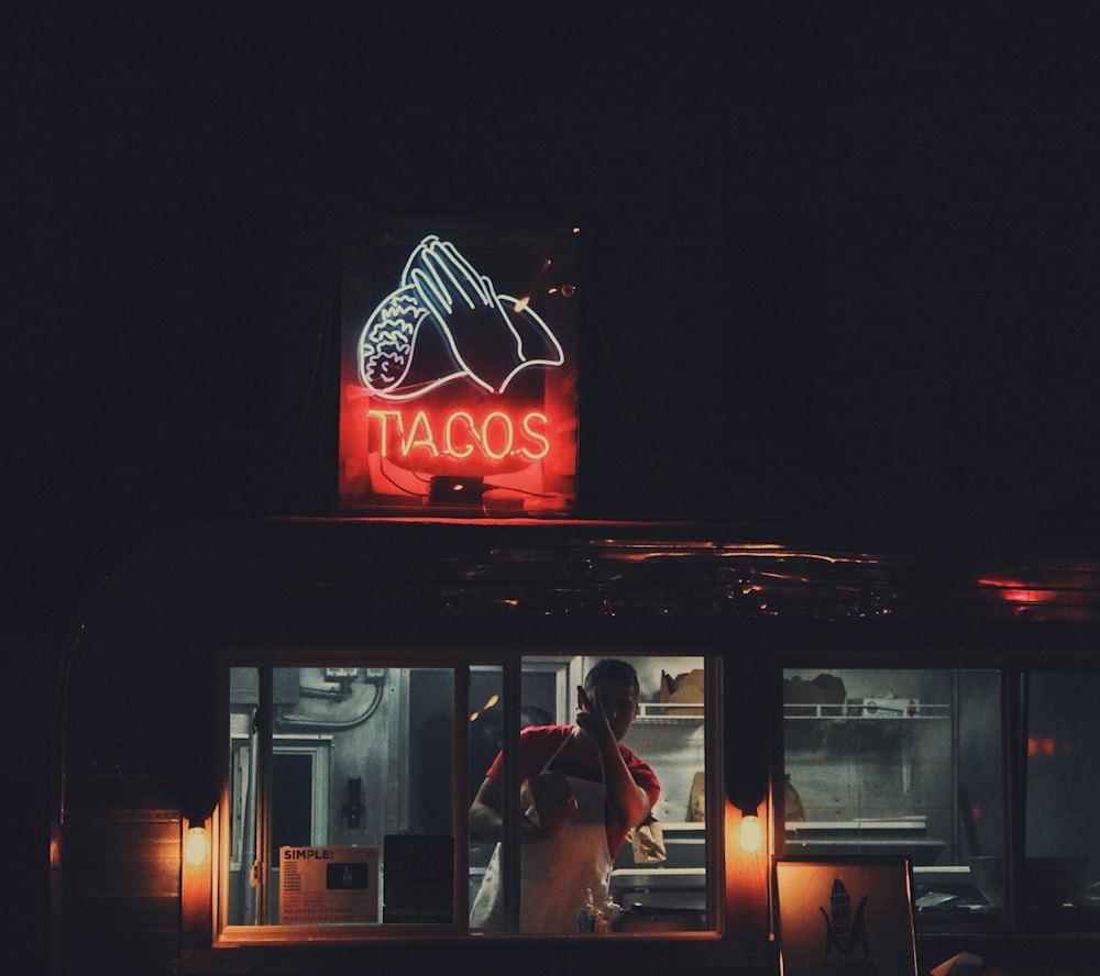 Stock photo of a taco stand at night